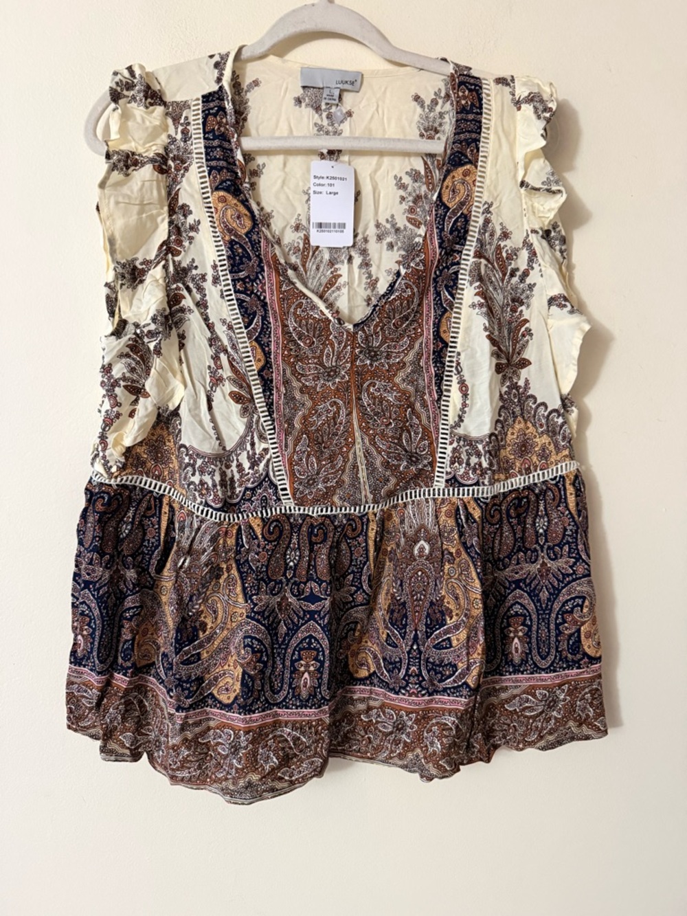 Luukse Cream Paisley Ruffled Peplum Tank, New NWT, size L